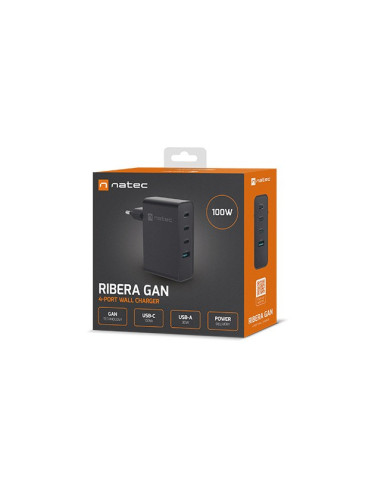 Natec Ładowarka Sieciowa Ribera Gan 3X Usb-C 1X Usb-A 100W Czarna