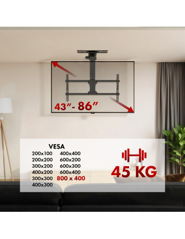 Uchwyt Elektryczny Do Tv Maclean, Sufitowy, Obsługa Tuya, Max. Vesa 800X400, Reg. W Poz. +90°~-90°, Dla Tv 43-86", Max. 45Kg, Mc