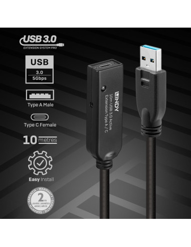 Lindy 43376 Kabel Usb Usb 3.2 Gen 1 (3.1 Gen 1) 10 M Usb A Usb C Czarny