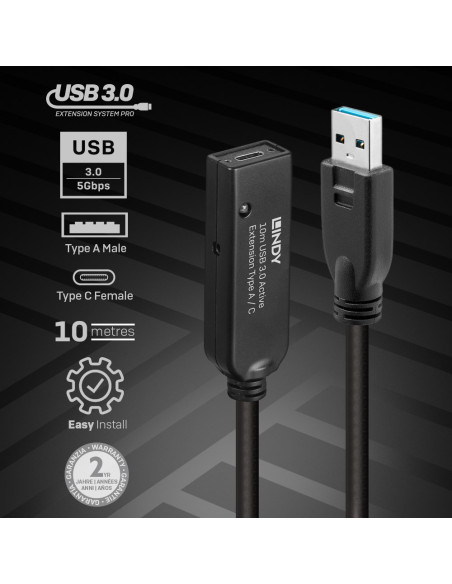 Lindy 43376 Kabel Usb Usb 3.2 Gen 1 (3.1 Gen 1) 10 M Usb A Usb C Czarny