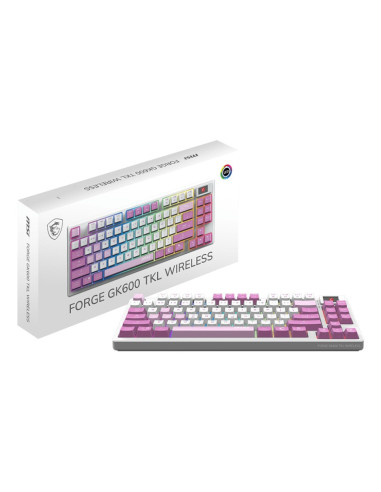 Msi Forge Gk600 Tkl Wireless Violet Klawiatura Gaming Usb + Bluetooth Qwerty Hiszpański Różowy, Fioletowy, Biały