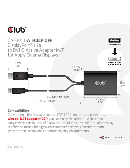 Club3D Cac-1010-A Adapter Kablowy 0,6 M Displayport Dvi-D + Usb Czarny