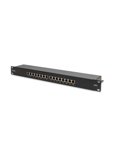 Digitus Panel Krosowy (Patch Panel) 19'' 16X Rj45, Lsa Poziom, Kat.6, Ekranowany, 1U, Czarny, Prowadnica Kabli