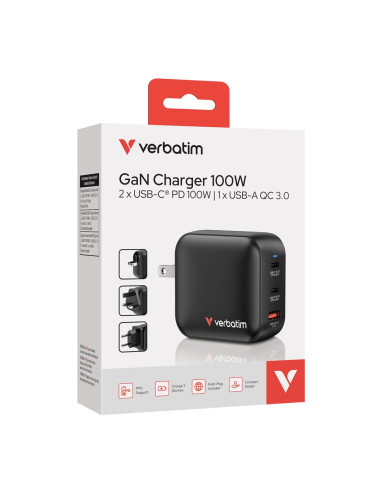Verbatim Gan Charger 100W Uniwersalne Czarny Prąd Przemienny Szybkie Ładowanie Wewnętrzna