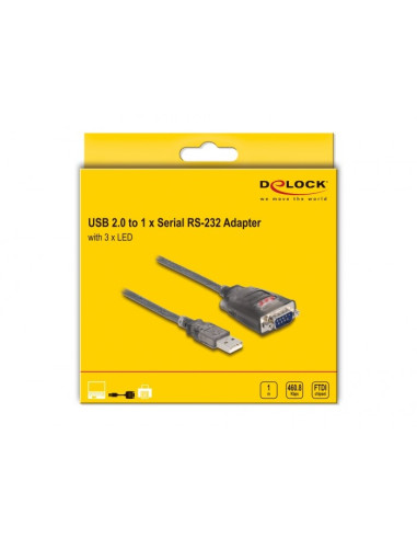 Delock Adapter Usb 2.0 Typu-A Na 1 X Złącze Męskie Szeregowe Rs-232 D-Sub 9 Pinów Z Wkrętami, 3 X Led, 1 M