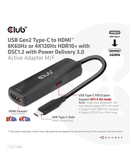 Club3D Cac-1588 Adapter Kablowy 0,17 M Usb Type-C Hdmi Czarny