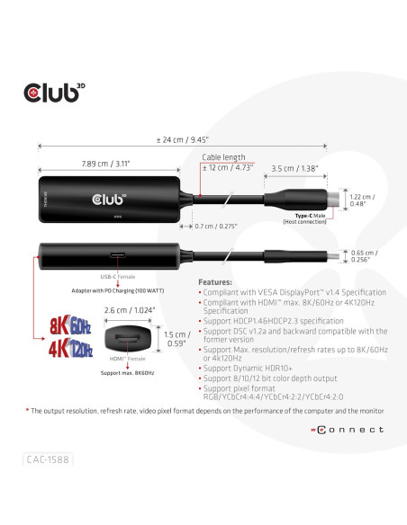 Club3D Cac-1588 Adapter Kablowy 0,17 M Usb Type-C Hdmi Czarny