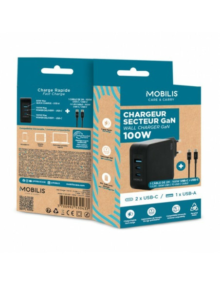 Mobilis Charger 100W 2Usb C 1Usba Gan Cable 100W Laptop, Smartfon, Tablet Czarny Prąd Przemienny Wewnętrzna