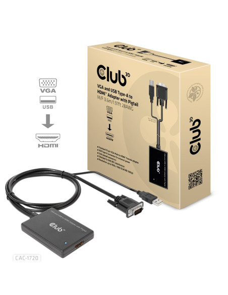 Club3D Cac-1720 Adapter Kablowy 0,6 M Hdmi Typu A (Standard) Vga (D-Sub) + Usb Czarny