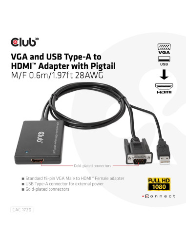 Club3D Cac-1720 Adapter Kablowy 0,6 M Hdmi Typu A (Standard) Vga (D-Sub) + Usb Czarny