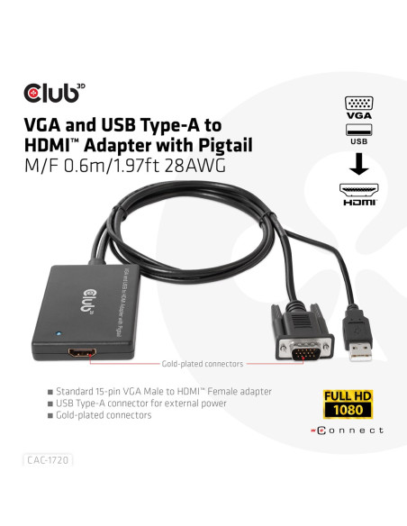 Club3D Cac-1720 Adapter Kablowy 0,6 M Hdmi Typu A (Standard) Vga (D-Sub) + Usb Czarny