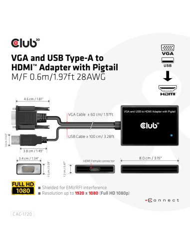 Club3D Cac-1720 Adapter Kablowy 0,6 M Hdmi Typu A (Standard) Vga (D-Sub) + Usb Czarny