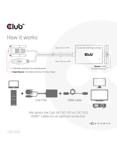 Club3D Cac-1720 Adapter Kablowy 0,6 M Hdmi Typu A (Standard) Vga (D-Sub) + Usb Czarny