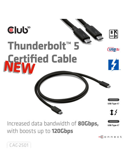 Club3D Cac-2501 Kabel Thunderbolt 1 M 120 Gbit/S Czarny