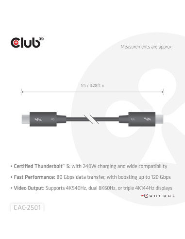 Club3D Cac-2501 Kabel Thunderbolt 1 M 120 Gbit/S Czarny