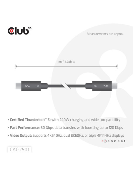 Club3D Cac-2501 Kabel Thunderbolt 1 M 120 Gbit/S Czarny