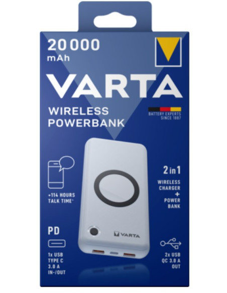 Varta 57909 101 111 Bank Mocy Litowo-Polimerowy (Lipo) 20000 Mah Bezprzewodowe Ładowanie Biały