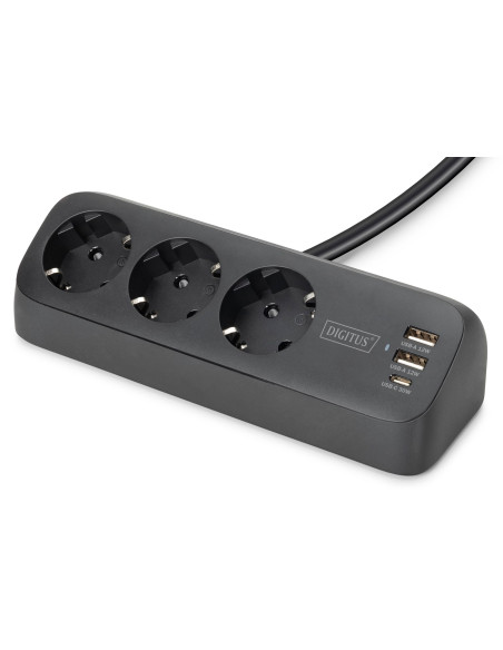Digitus 3-Drożna Biurowa Listwa Zasilająca Z 2 Złączami Usb-A I 1 Złączem Usb-C, Czarna