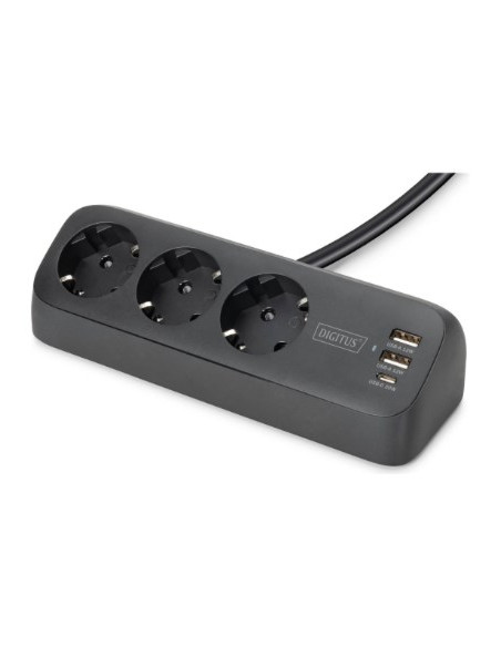 Digitus 3-Drożna Biurowa Listwa Zasilająca Z 2 Złączami Usb-A I 1 Złączem Usb-C, Czarna