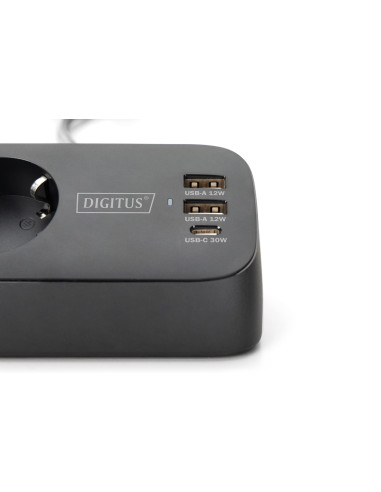 Digitus 3-Drożna Biurowa Listwa Zasilająca Z 2 Złączami Usb-A I 1 Złączem Usb-C, Czarna