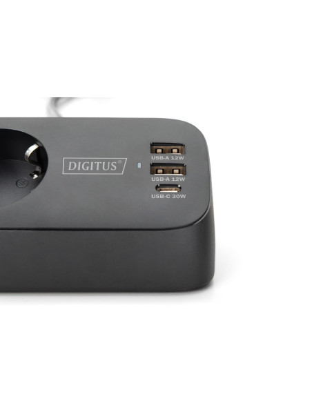 Digitus 3-Drożna Biurowa Listwa Zasilająca Z 2 Złączami Usb-A I 1 Złączem Usb-C, Czarna