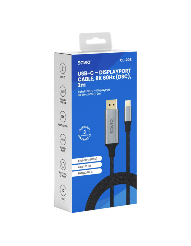 Savio Kabel Usb-C – Displayport 8K 2M 60Hz (Dsc) Cl-208
