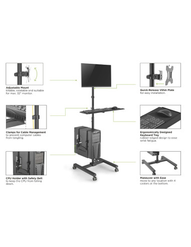 Wyposażenie - Wózek Na Płaski Panel / Obudowa Komputera - Plastikowa, Stal Nierdzewna - Rozmiar Ekranu: 43,2-81,3 Cm (17"-32") -