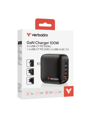 Verbatim Mini Gan Ładowarka 100W 3Xusb-C Pd, 1Xusb-A Qc 3.0