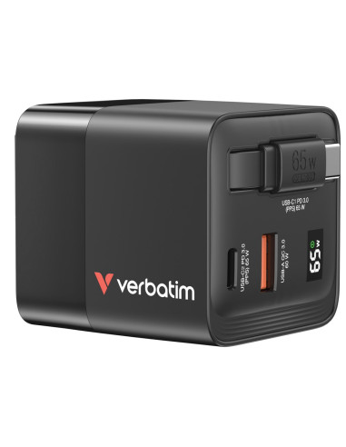 Ładowarka Verbatim Gan 65W 2Xusb-C Pd,1Xusb-A, Retrac. Przewód 32217