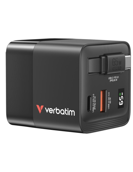 Ładowarka Verbatim Gan 65W 2Xusb-C Pd,1Xusb-A, Retrac. Przewód 32217