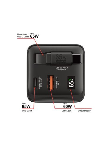 Ładowarka Verbatim Gan 65W 2Xusb-C Pd,1Xusb-A, Retrac. Przewód 32217