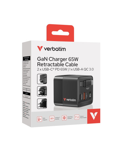 Ładowarka Verbatim Gan 65W 2Xusb-C Pd,1Xusb-A, Retrac. Przewód 32217