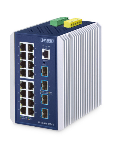 Planet Ip30 Industrial L3 16-Port Zarządzany Gigabit Ethernet (10/100/1000) Aluminium, Niebieski