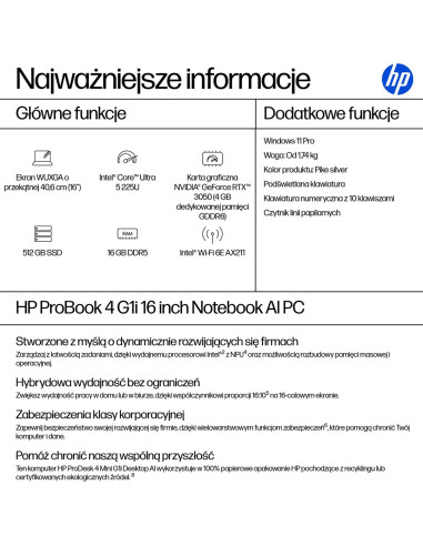 Hp Probook 4 G1I Ai Intel Core Ultra 5 225U Laptop 40,6 Cm (16") Wuxga 16 Gb Ddr5-Sdram 512 Gb Ssd Wi-Fi 6E (802.11Ax) Windows 1