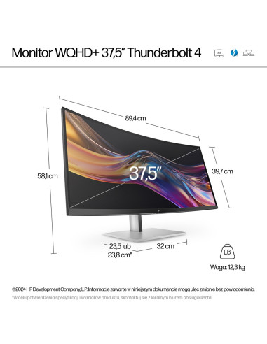 Monitor Hp Led 37,5” S7 Pro 738Pu (8K167Aa) Curved Ips Wqhd+ Hdr400 Rj-45 Thunderbolt 4