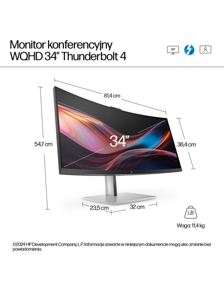 Monitor Hp Led 34” S7 Pro 734Pm (8K157Ut) Curved Ips 120Hz Wqhd Kamera Rj-45 Thunderbolt 4
