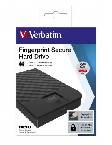 Verbatim Fingerprint Secure Zewnętrzny Dysk Twarde 2 Tb Usb Type-C 3.2 Gen 1 (3.1 Gen 1) Czarny