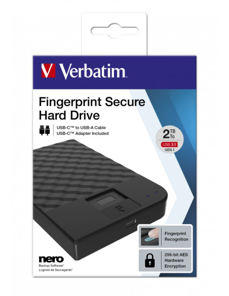 Verbatim Fingerprint Secure Zewnętrzny Dysk Twarde 2 Tb Usb Type-C 3.2 Gen 1 (3.1 Gen 1) Czarny
