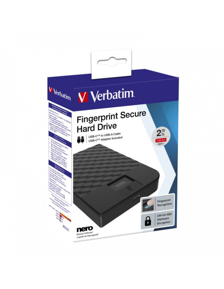 Verbatim Fingerprint Secure Zewnętrzny Dysk Twarde 2 Tb Usb Type-C 3.2 Gen 1 (3.1 Gen 1) Czarny