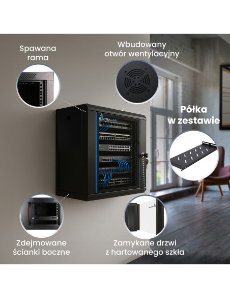 Extralink Lite 9U 530X400 Wall-Mounted Rackmount Cabinet Black Szafa Wisząca