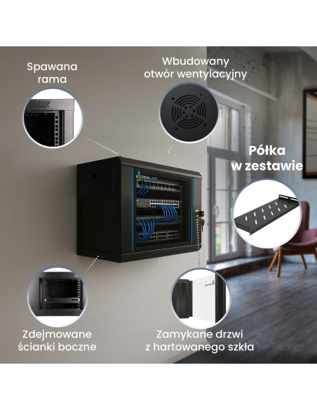 Extralink Lite 6U 530X400 Wall-Mounted Rackmount Cabinet Black Stojak Wolnostojący/Ścienny/Podłogowy Czarny