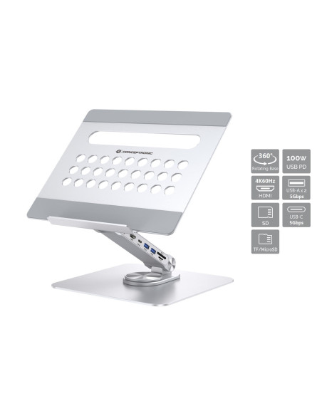 Conceptronic Uchwyt Na Laptopa Ze Stacją Dokującą 7 W 1 Srebrny