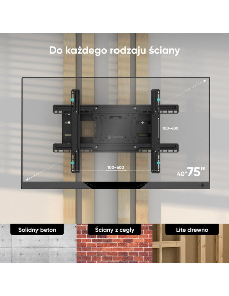 Onkron M7L-B Uchwyt Ścienny Obrotowo-Pochylny Do Ekranu 40"-75" Maks 68 Kg Czarny