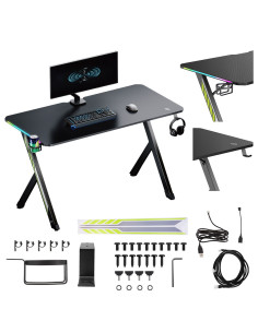Biurko Gamingowe Nanors, Czarne Z Uchwytem Na Słuchawki I Kubek, Podświetlenie Rgb, Max. 75Kg, Wymiary 1200X600X750Mm, Rs102