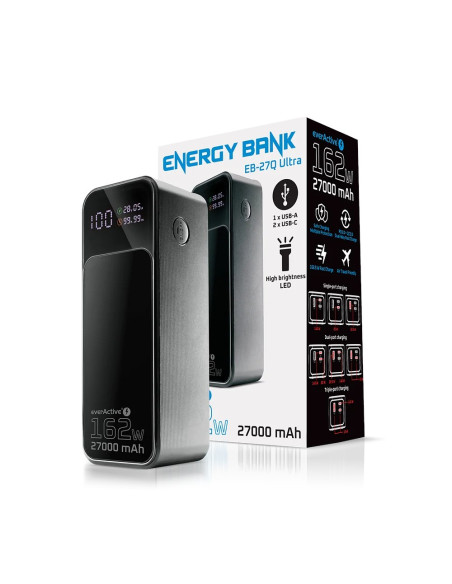 Everactive Powerbank 27 000Mah, 1X Usb, 2X Usb-C, 162,5W, Qc4+, Wbudowana Latarka, Wyświetlacz Lcd, Czarny Eb-27Q