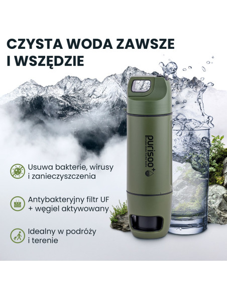 Extralink Purisoo+ Butelka Z Systemem Filtrujacym Z Pompka 400Ml Filtr Uf + Acf Butelka Filtrująca Wodę 0,4 L Zielony, Oliwkowy