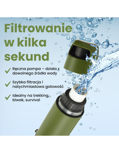 Extralink Purisoo+ Butelka Z Systemem Filtrujacym Z Pompka 400Ml Filtr Uf + Acf Butelka Filtrująca Wodę 0,4 L Zielony, Oliwkowy