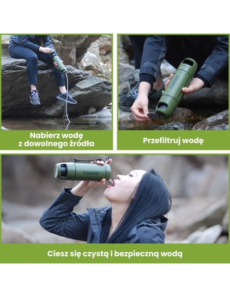 Extralink Purisoo+ Butelka Z Systemem Filtrujacym Z Pompka 400Ml Filtr Uf + Acf Butelka Filtrująca Wodę 0,4 L Zielony, Oliwkowy