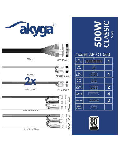 Akyga Ak-C1-500 Moduł Zasilaczy 468 W 24-Pin Atx Atx Czarny