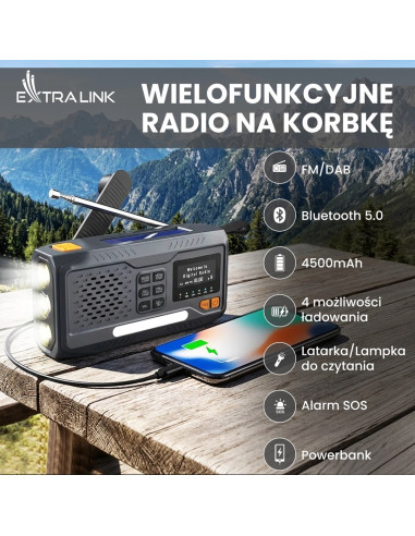 Extralink Radio Awaryjne Bluetooth Solarne Z Korbka Dynamo Powerbank 4000Mah Z Latarka Sos Bt-4000 Przenośny Analogowe I Cyfrowe